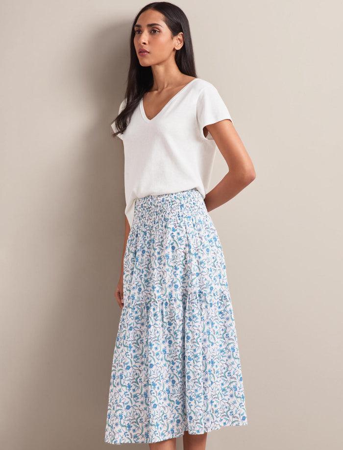 cefinn Sylvia Silk Blend Maxi Skirt - Blue Trailing Feather Print Skirt