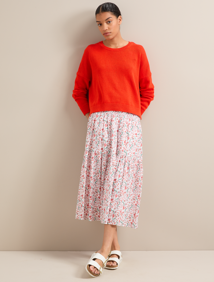 cefinn Sylvia Silk Blend Maxi Skirt - Red Trailing Feather Print Skirt