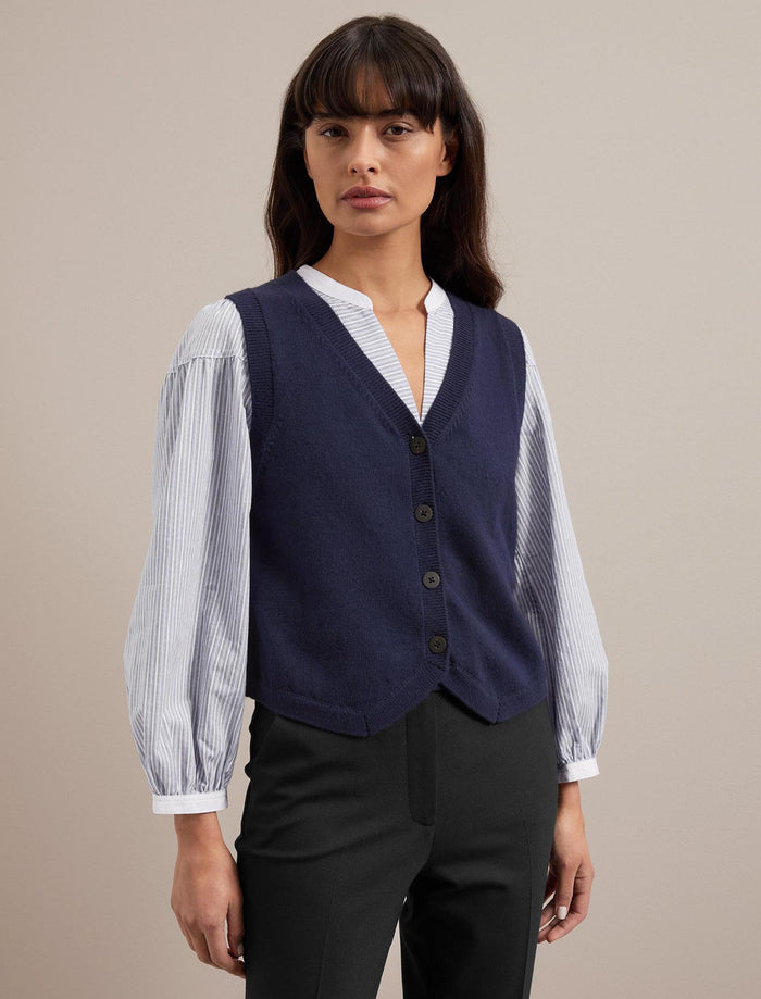 Cefinn Wesley Cotton Blend V Neck Waistcoat - Navy Knit