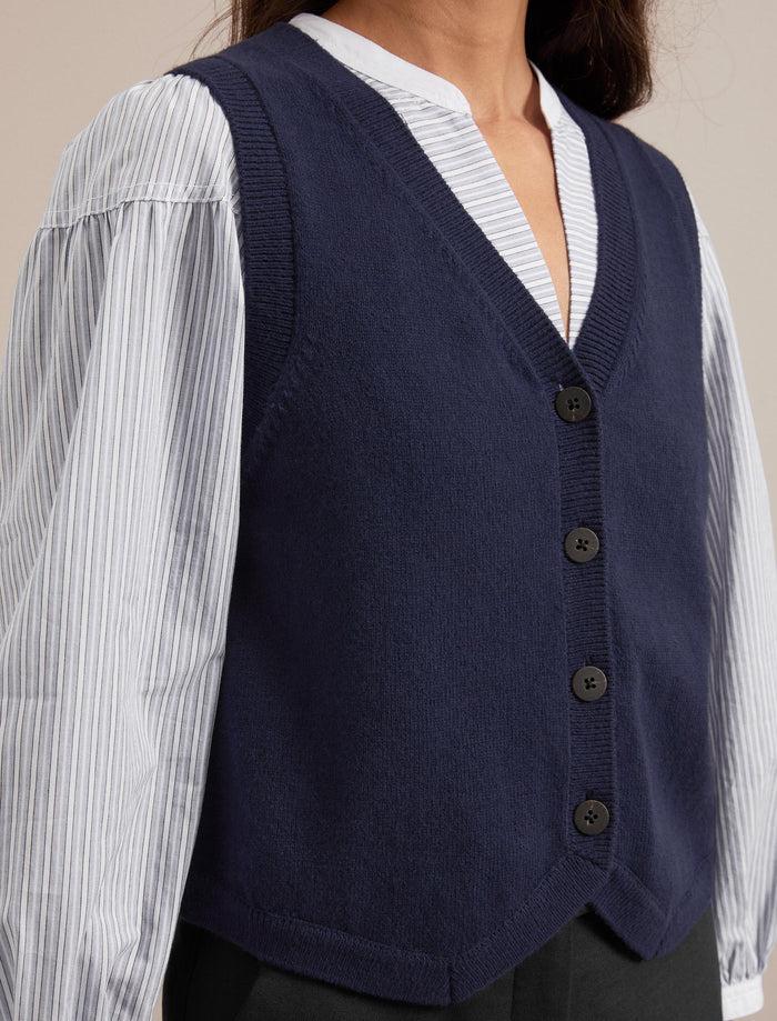 Cefinn Wesley Cotton Blend V Neck Waistcoat - Navy Knit