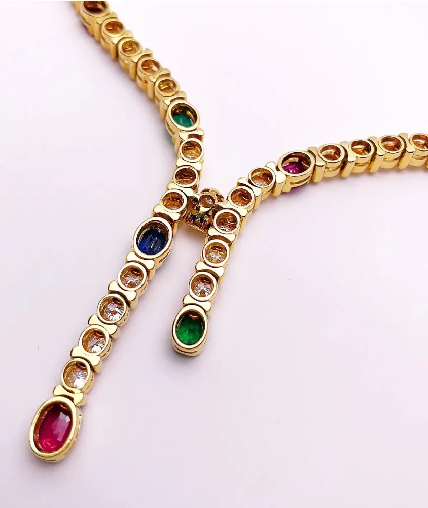 Cellini 18 Karat Gold And Diamond & Oval Sapphire Ruby Emerald Lariat Necklace