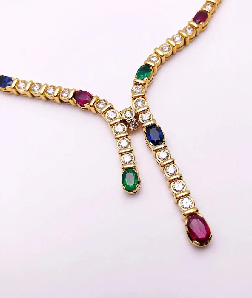 cellini 18 karat gold and diamond & oval Sapphire Ruby Emerald Lariat necklace