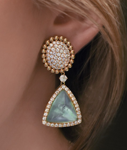 cellini Beaded Rose Gold and Pavé Diamond Drop Earrings with Mother-of-Pearl