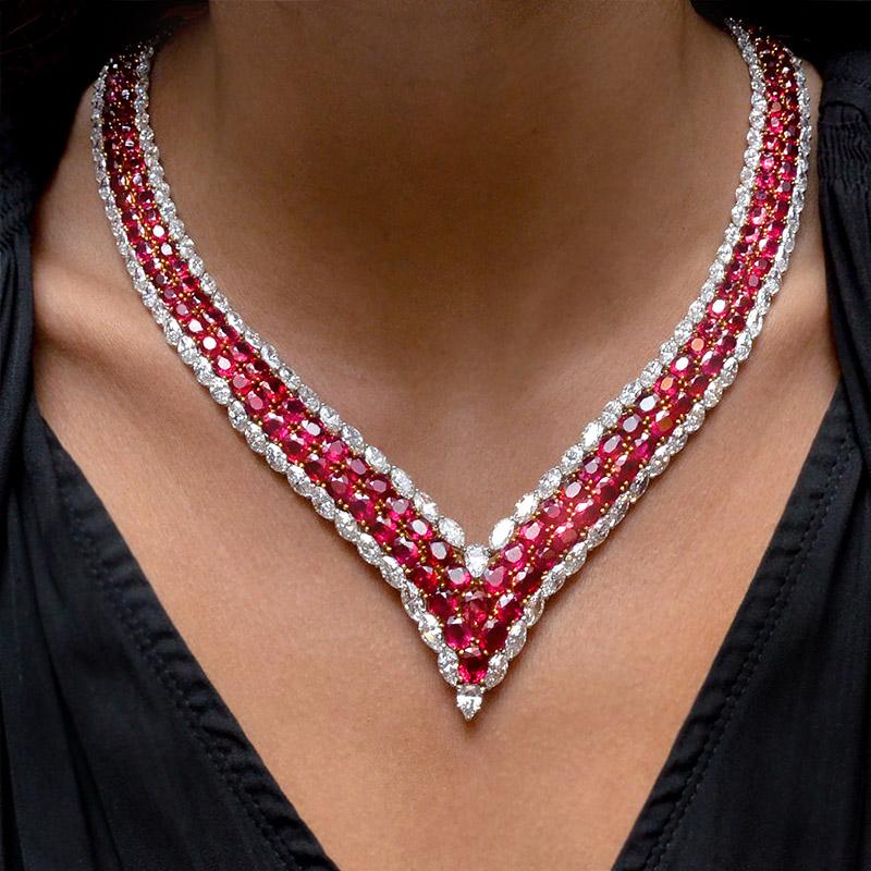 cellini Burmese Ruby and Diamond V Necklace