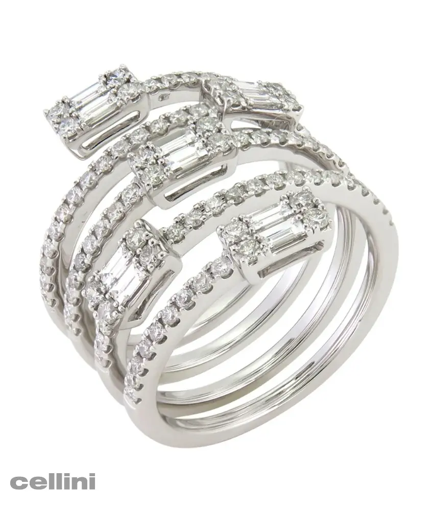 cellini Five Row White Gold Diamond Baguette Ring
