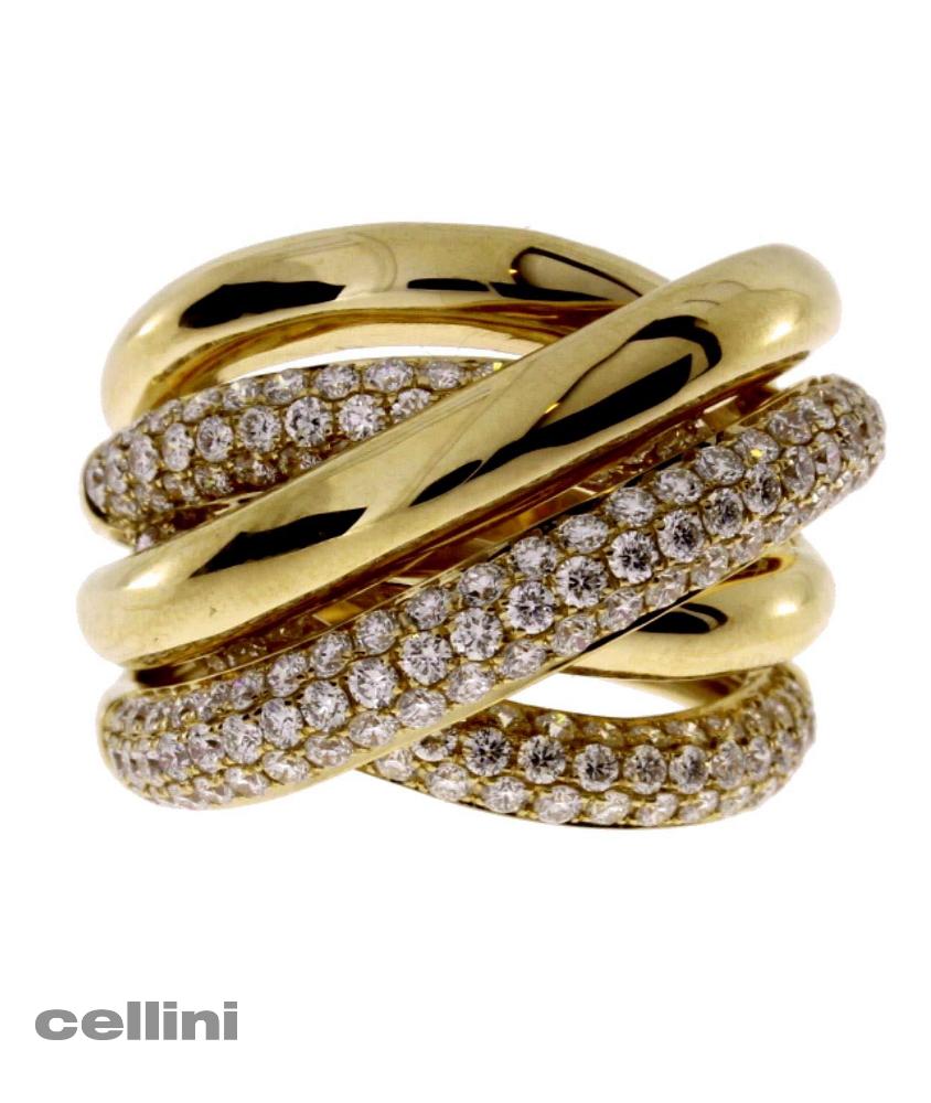 cellini Four Row Yellow Gold and Diamond Ring