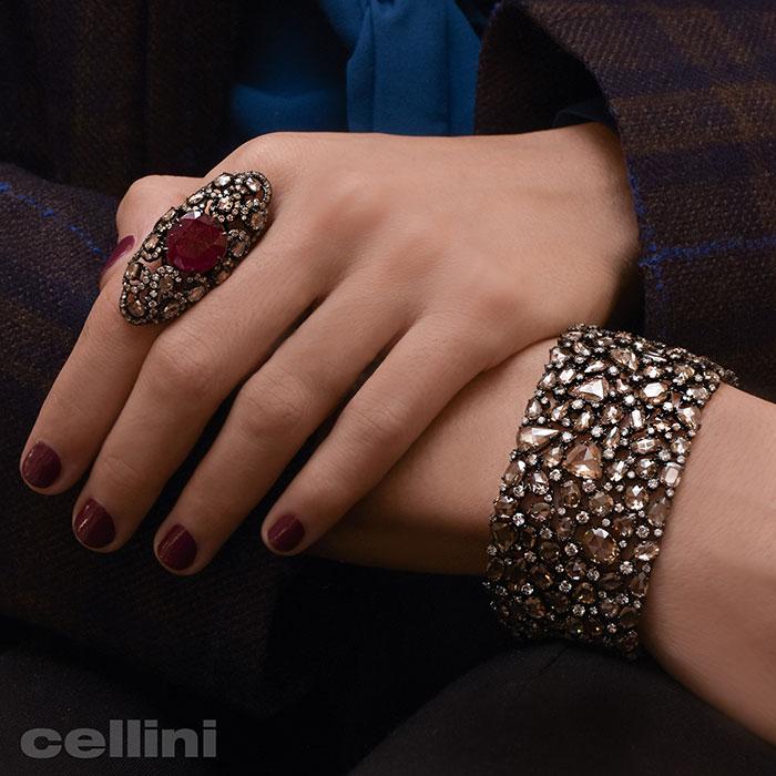 cellini Ruby and Brown Diamond Shield Ring