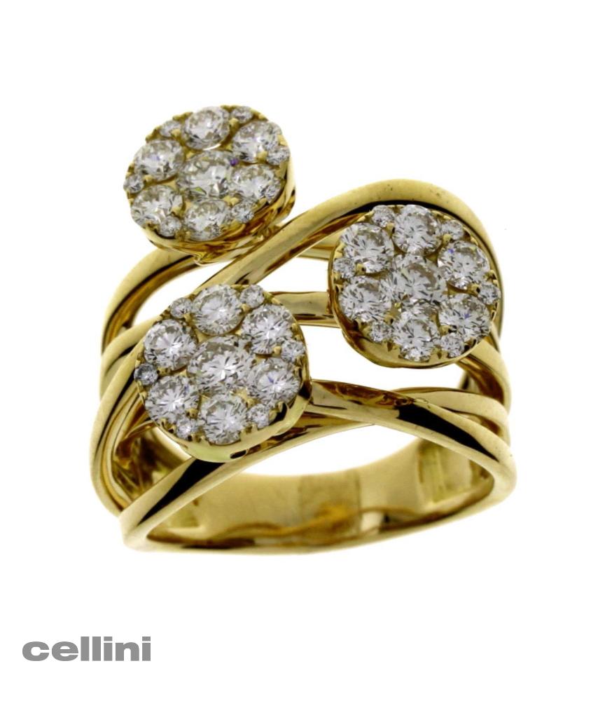 cellini Three Pavé Diamond Button Yellow Gold Ring