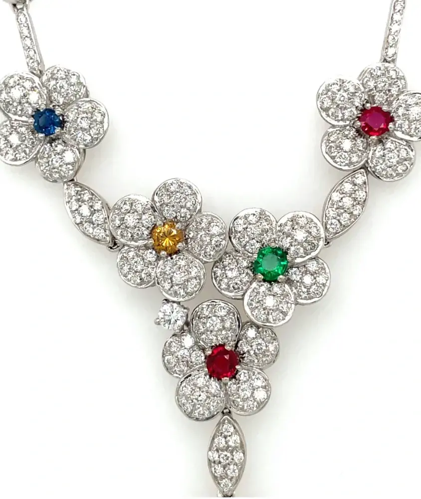 cellini Diamond Flower Necklace with Rubies Emeralds and Sapphires