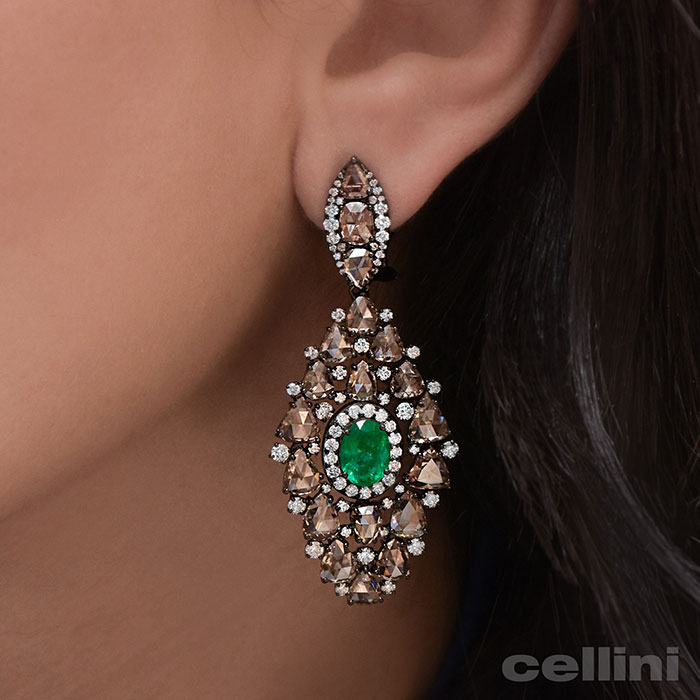 cellini Emerald Drop Earrings with Rose-Cut Diamonds