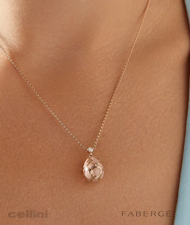 Cellini Heritage Rose Gold Diamond & Pink Guilloché Enamel Petite Egg Pendant