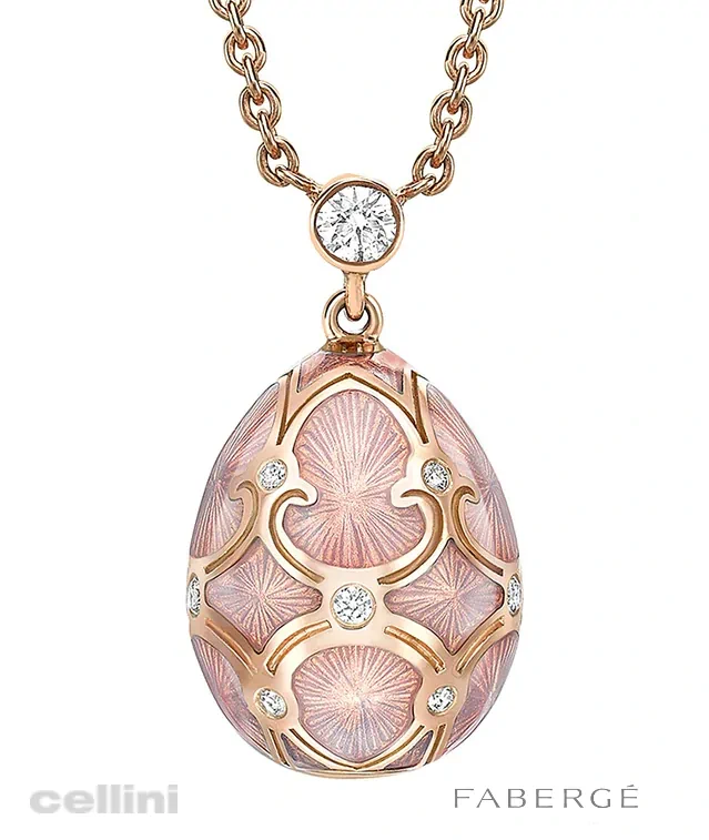 cellini Heritage Rose Gold Diamond & Pink Guilloché Enamel Petite Egg Pendant