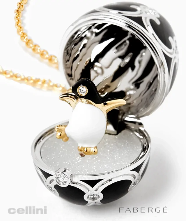 cellini Heritage White Gold Diamond and Black Enamel Penguin Surprise Locket