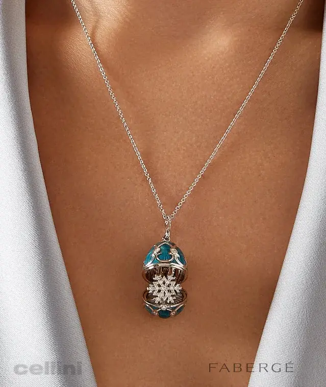 Cellini Heritage White Gold Diamond & Teal Guilloché Enamel Snowflake Surprise Locket