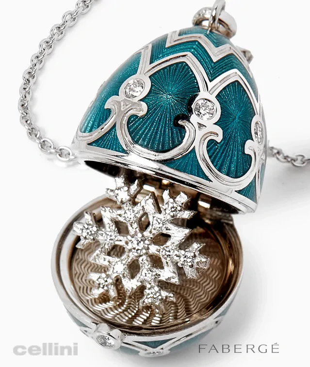 Cellini Heritage White Gold Diamond & Teal Guilloché Enamel Snowflake Surprise Locket