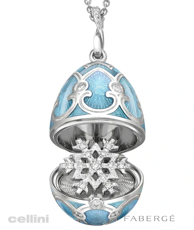 cellini Heritage White Gold Diamond & Teal Guilloché Enamel Snowflake Surprise Locket