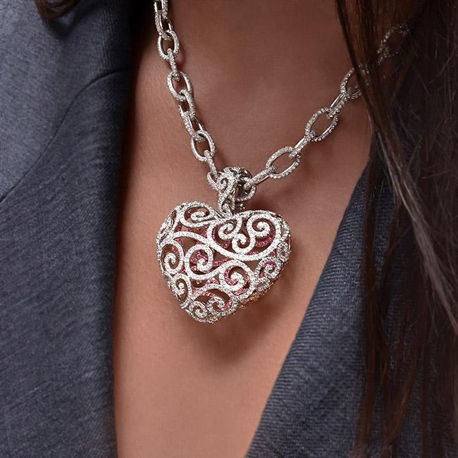 cellini Large Filigree Heart Pendant with Diamonds and Pink Sapphires