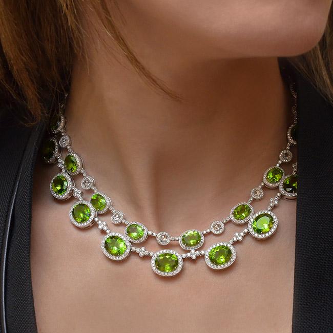 cellini Oval Peridot Necklace With Bezel Set Diamonds