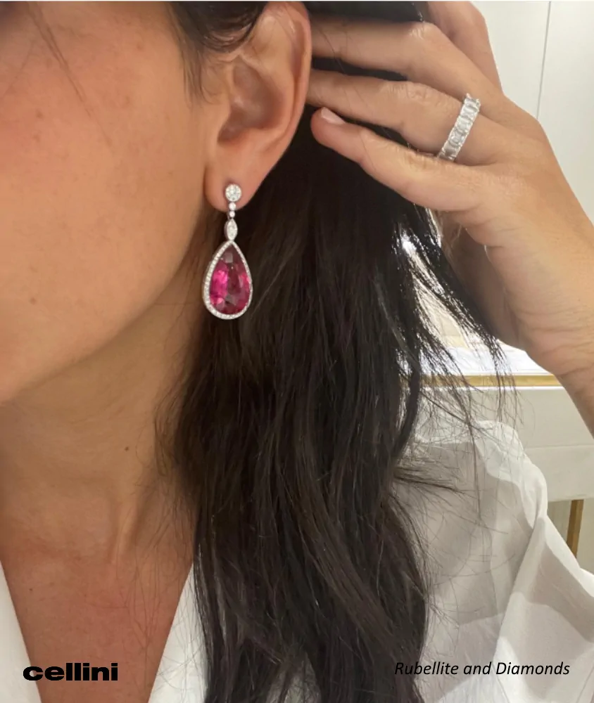 cellini Platinum Pear Shaped Rubellite and Diamond Drop Earrings