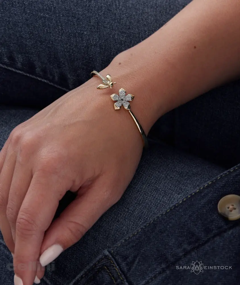 cellini Queen Bee Yellow Gold And Diamond Flower Bangle