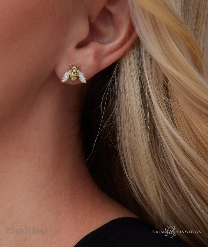cellini Queen Bee Yellow Gold And Diamond Stud Earring
