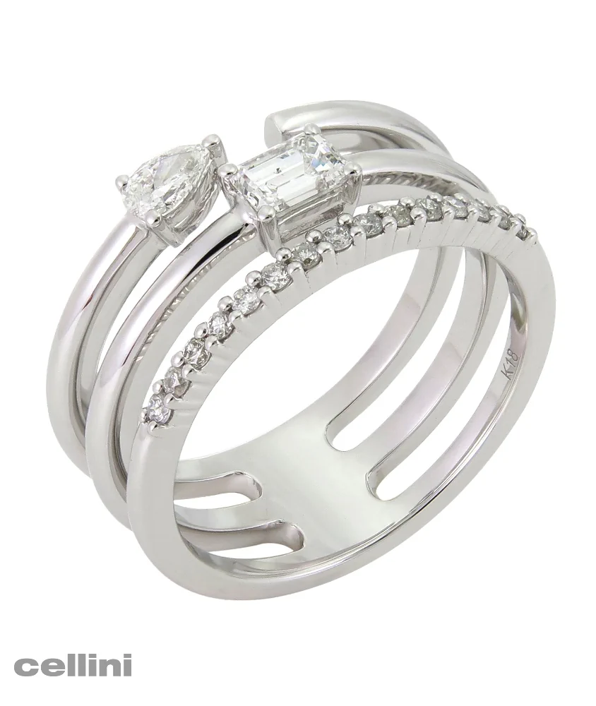 cellini Three Row White Gold Diamond Pear and Baguette Ring