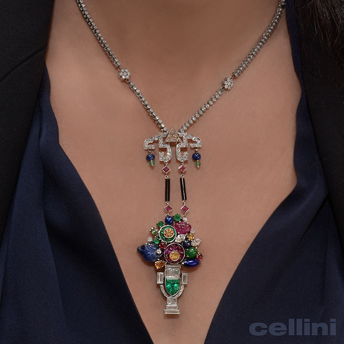 cellini Vintage Art Deco Style Fruit Basket Pendant with Emeralds Rubies Sapphires and Diamonds