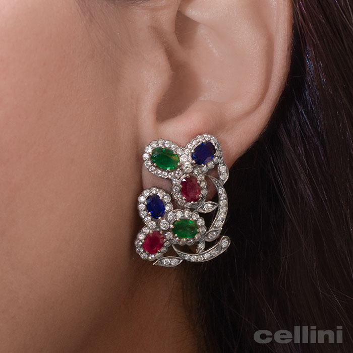 cellini Vintage Emerald Ruby and Sapphire Clip Earrings with Diamond Frames