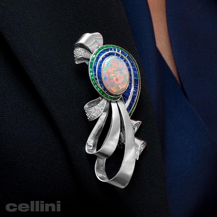 cellini Vintage Opal Ribbon Motif Brooch with Sapphires and Emeralds