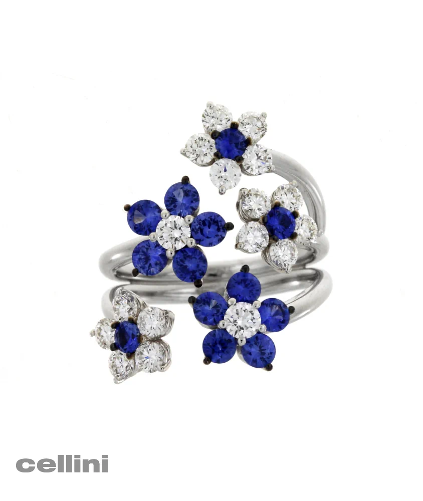 Cellini White Gold Diamond And Blue Sapphire Flower Ring