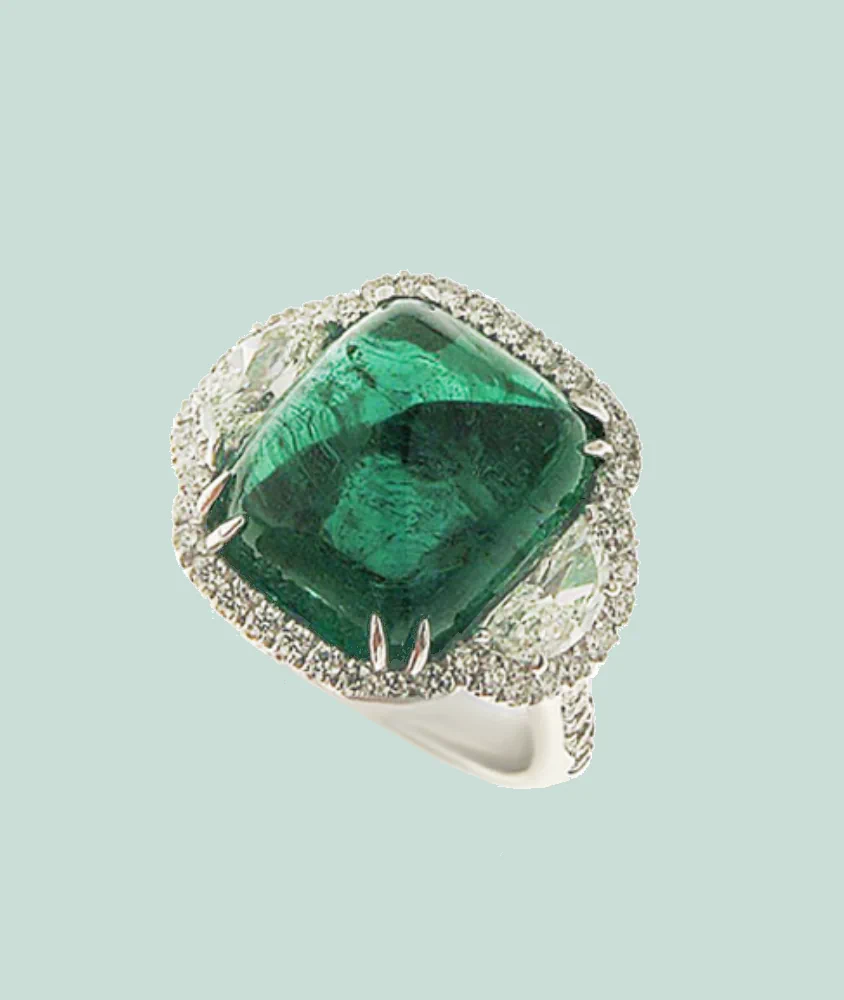 Cellini White Gold Sugarloaf Cabochon Emerald Diamond Ring