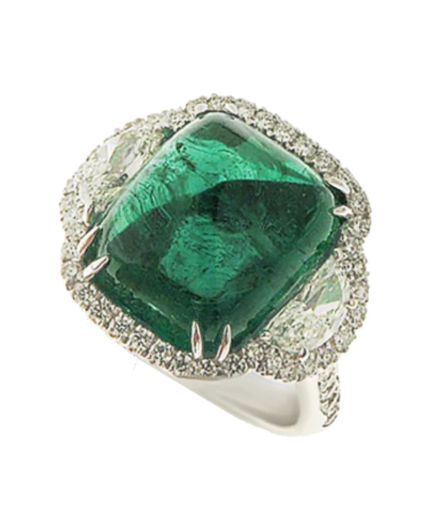 cellini White Gold Sugarloaf Cabochon Emerald Diamond Ring