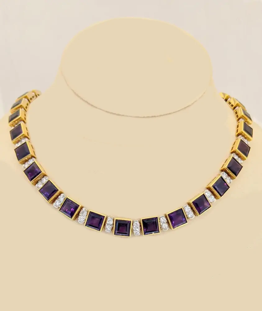 Cellini Yellow Gold Amethyst & Diamond Art Deco Inspired Necklace
