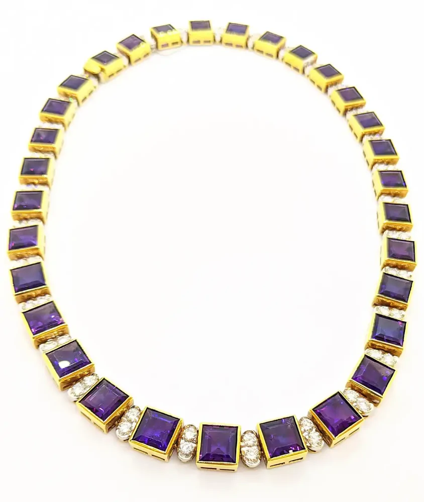 cellini Yellow Gold Amethyst & Diamond Art Deco Inspired Necklace