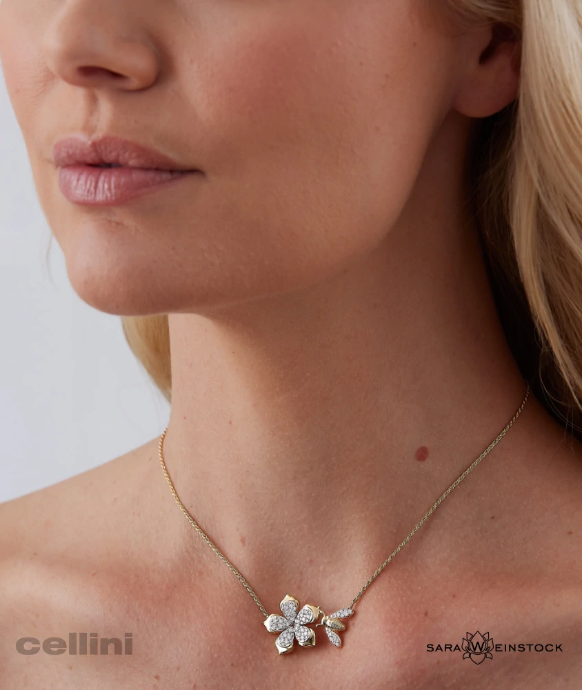 cellini Yellow Gold and Diamond Flower Bee Necklace