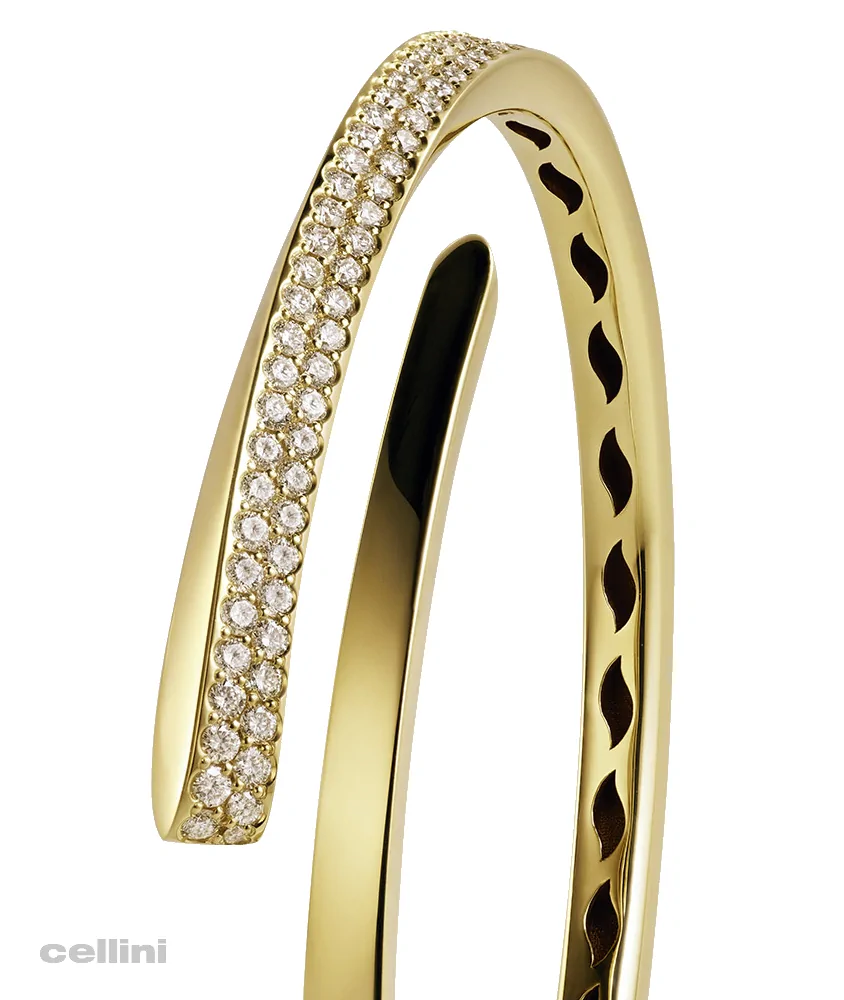 cellini Yellow Gold And Diamond Two Row Pave Bypass Bangle