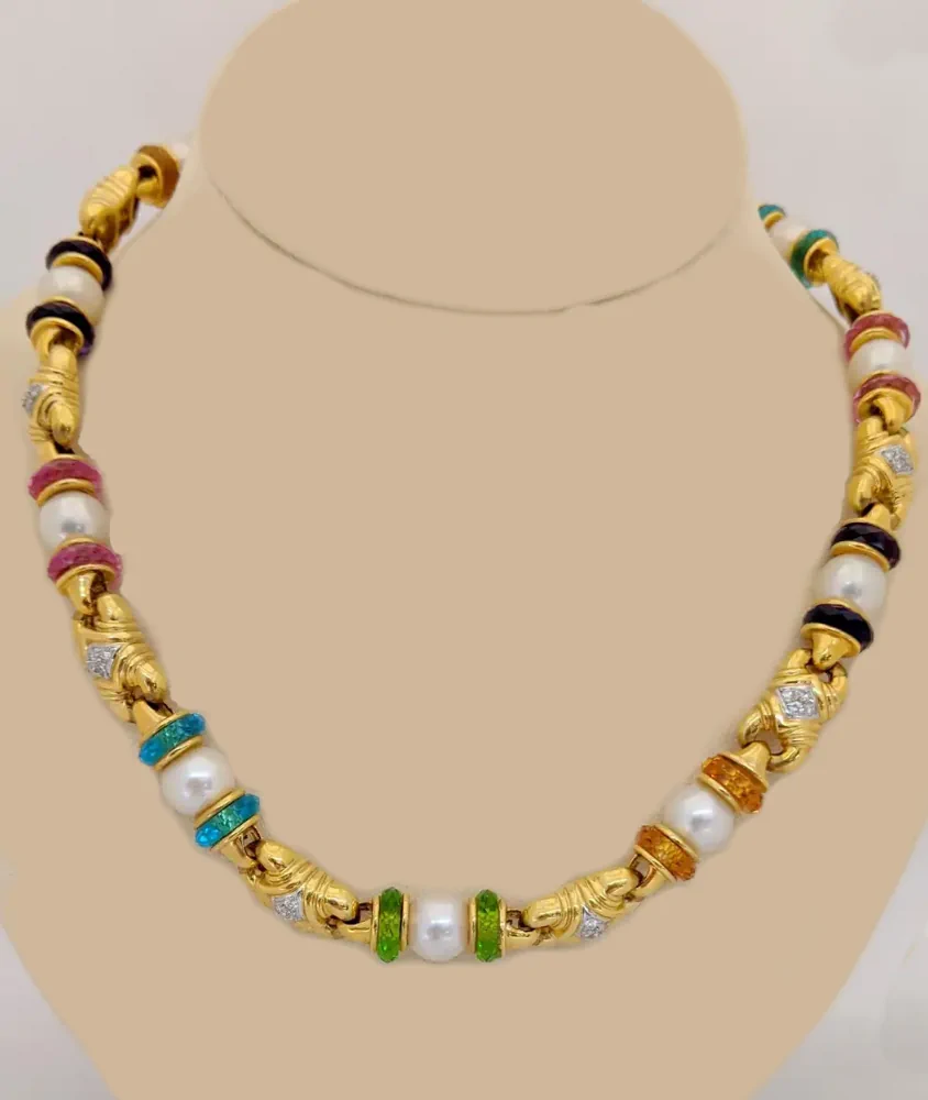 Cellini Yellow Gold Necklace With Semi Precious Rondelles And Cultured Pearls