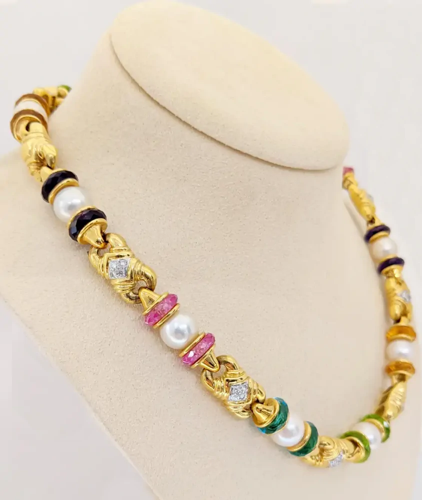 Cellini Yellow Gold Necklace With Semi Precious Rondelles And Cultured Pearls