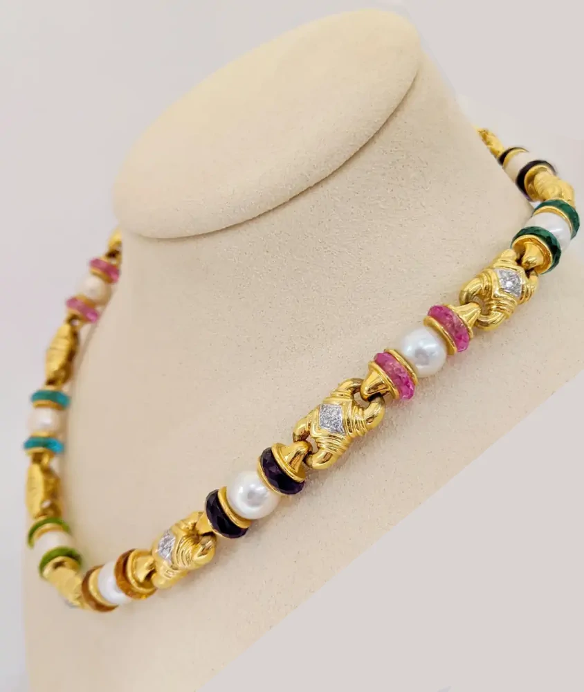 Cellini Yellow Gold Necklace With Semi Precious Rondelles And Cultured Pearls