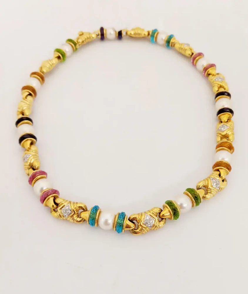 cellini Yellow Gold Necklace with Semi Precious Rondelles and Cultured Pearls