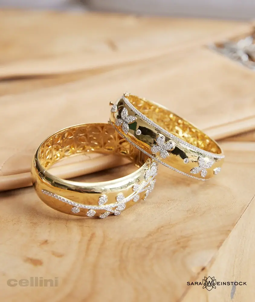 Cellini Yellow Gold Wide Bangle With Diamond Clusters