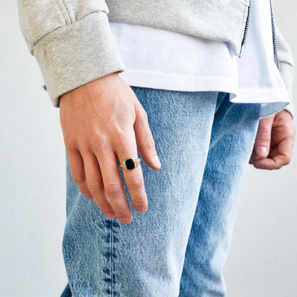 Chained & Able Black Onyx Square Detail Ring RINGS