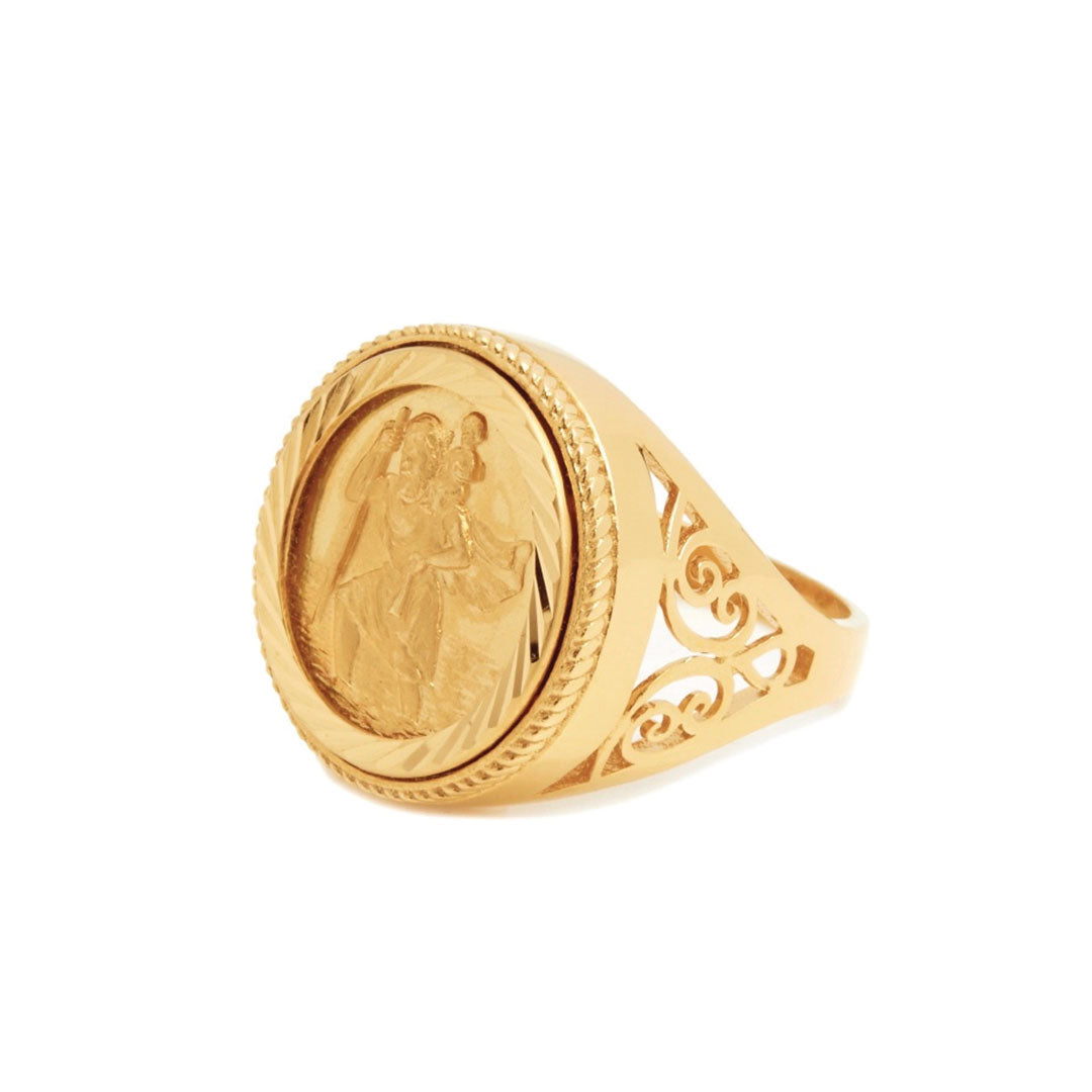 Chained & Able St Christopher Detail Scroll Sovereign Ring RINGS