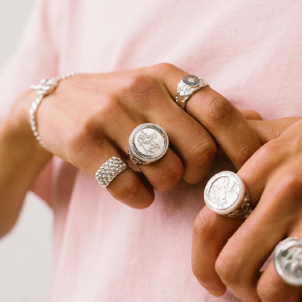 Chained & Able St Christopher Detail Scroll Sovereign Ring RINGS