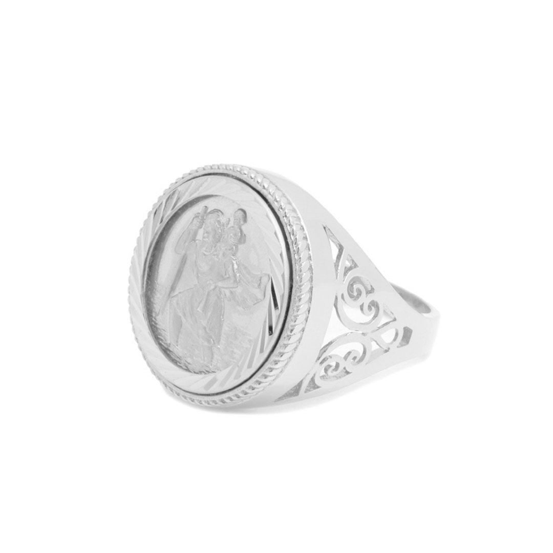 chained & able St Christopher Detail Scroll Sovereign Ring RINGS
