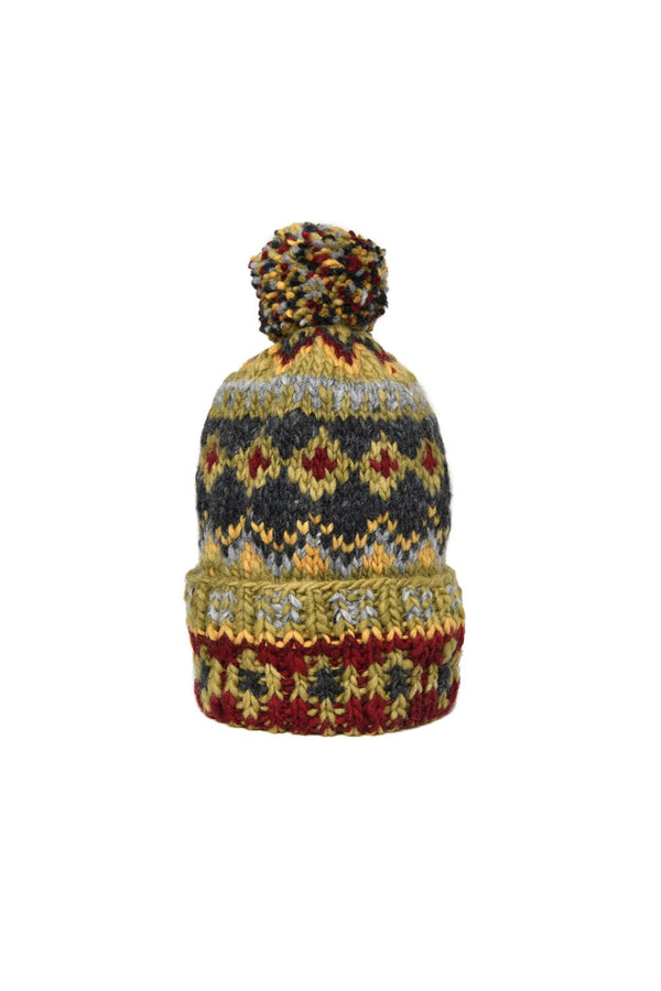chamula Double Cuff Cap Fair Isle #3 - Dk. Alfalfa Beanie