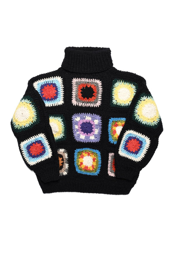 chamula Granny Square Turtleneck Pullover - Black Sweater One Size