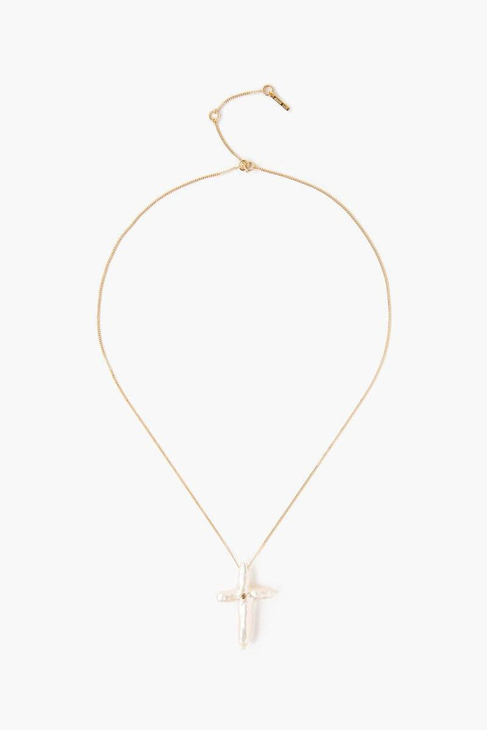 Chan Luu 14k White Baroque Pearl Cross And Champagne Diamond Necklace Necklaces