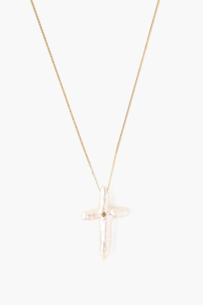 chan luu 14k White Baroque Pearl Cross and Champagne Diamond Necklace Necklaces