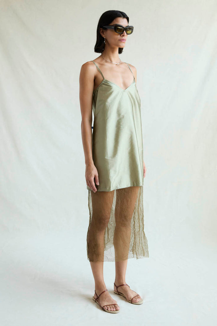 Chan Luu Techno Taffeta Mesh Dress Sage RTW